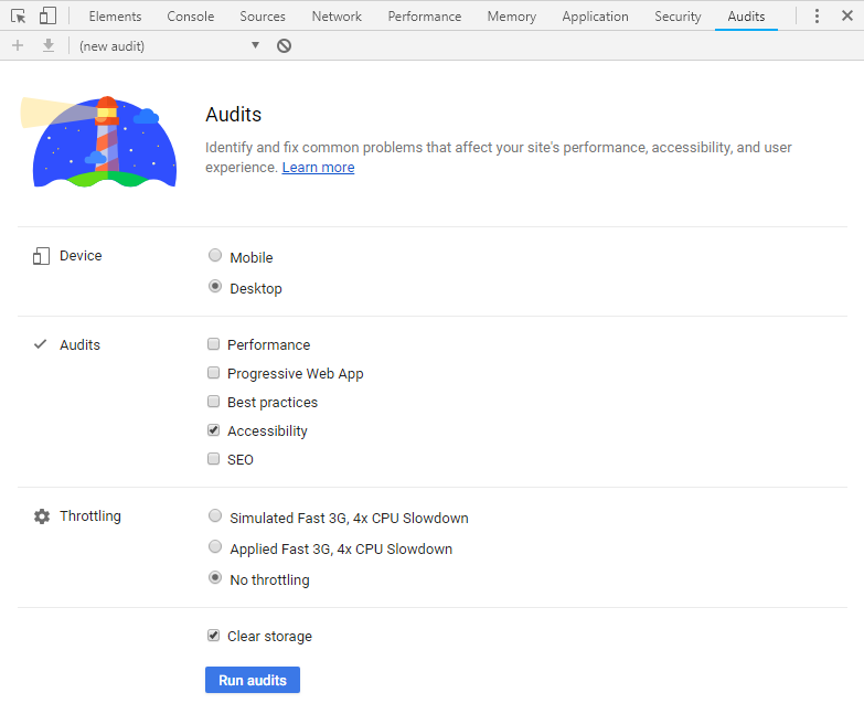 Google developer tools audit tab